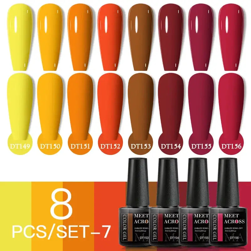 MEET ACROSS 8-piece glitter gel nail polish set by Simples Market; soak-off UV gel varnish in yellow to pink shades