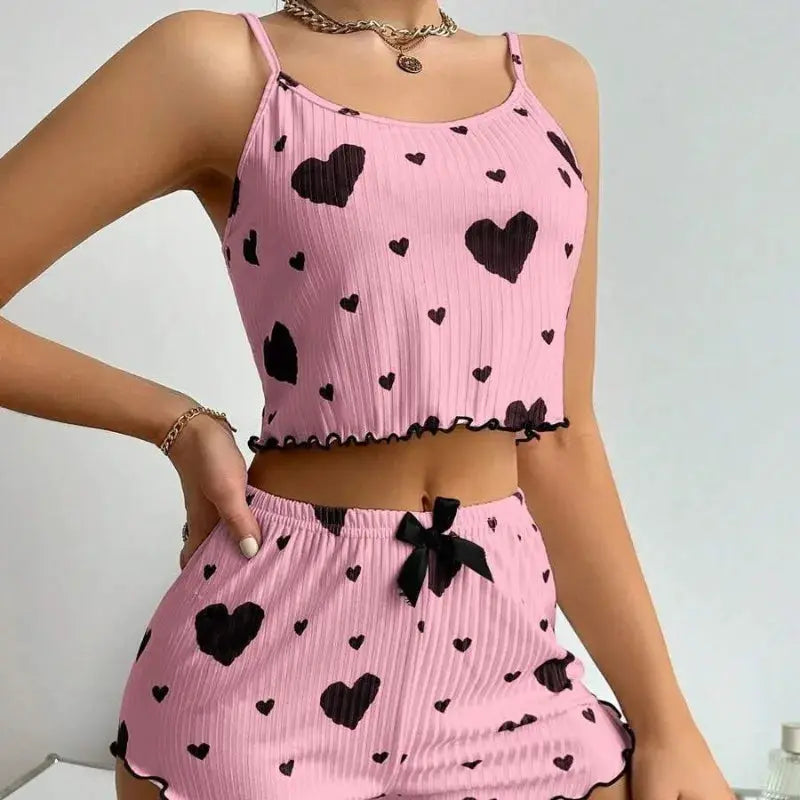 DreamNest Womens Knitted Pajama Set With Love Print And Delicate Strap Shorts Breathable White Homewear
