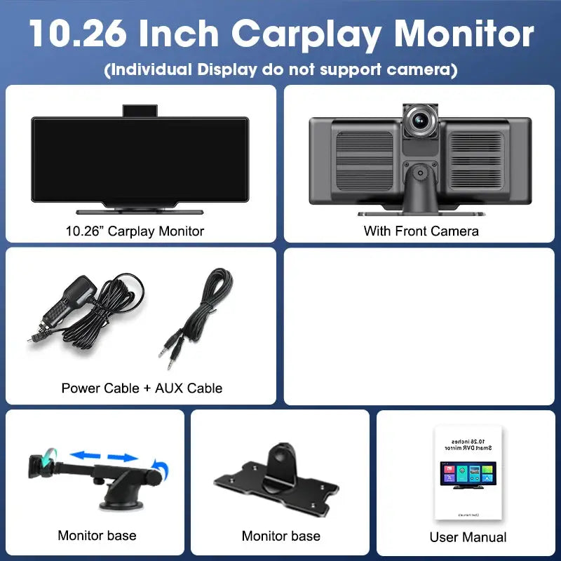 10.26 Inch Dash Cam Mirror 4K Player Wireless CarPlay Android Auto GPS