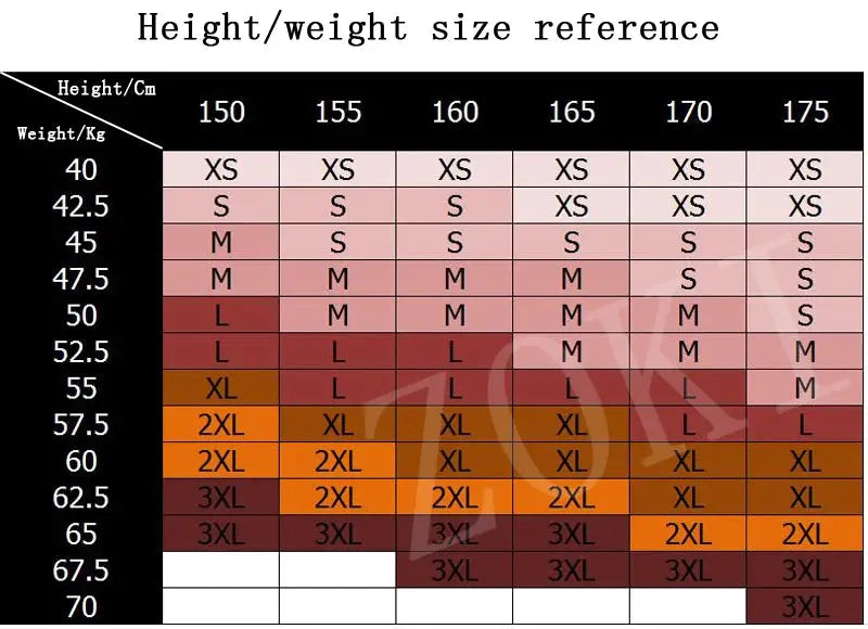 Clothing size reference chart showing height (cm) and weight (kg) with color-coded size grid.