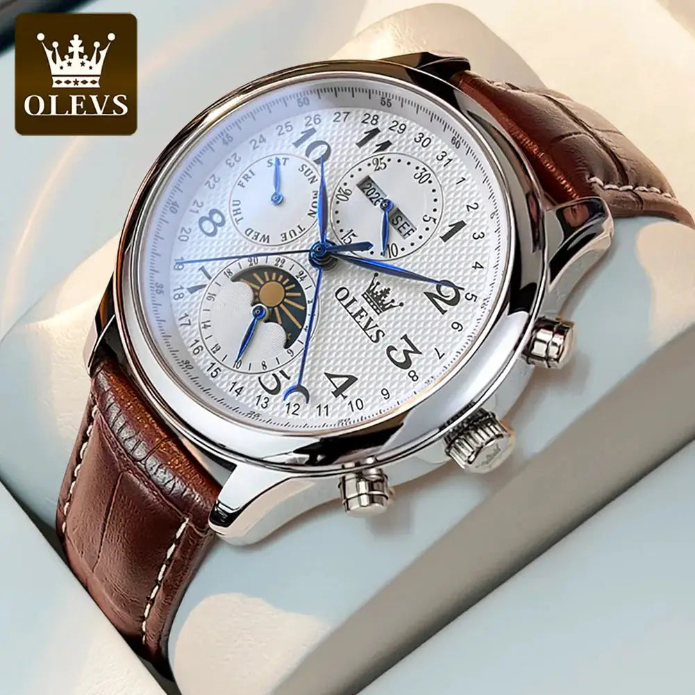 OLEVS men's luxury automatic mechanical watch with white dial, blue hands, moonphase subdials, brown leather strap