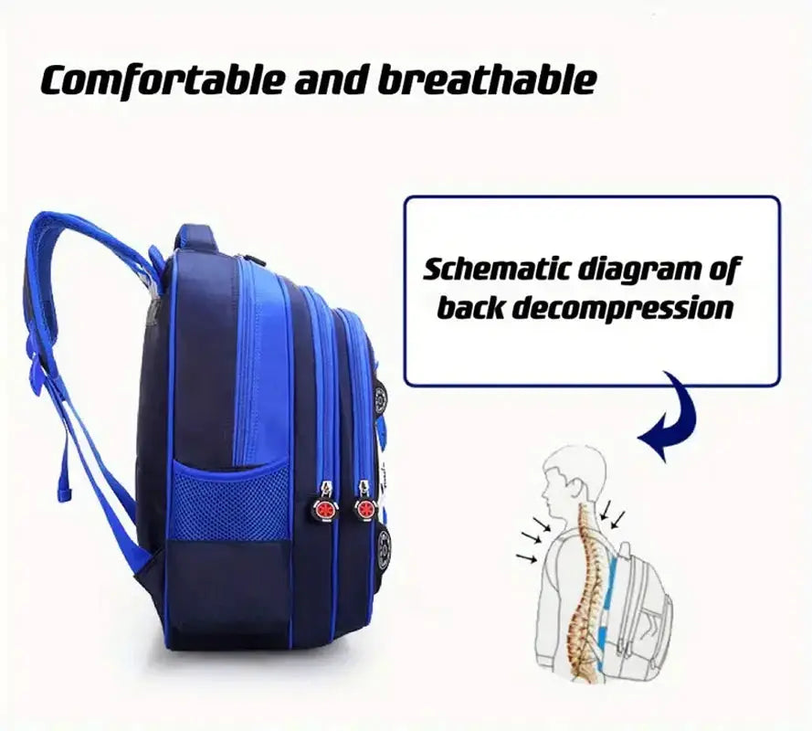 Simples Market waterproof lightweight 3D car backpack for kids, blue and black with back-support diagram