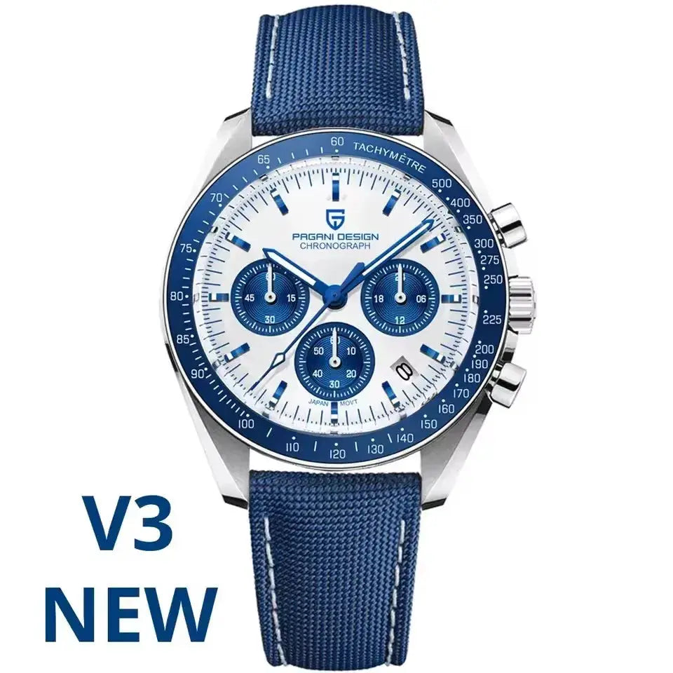 Pagani Design men's chronograph watch with blue bezel and blue fabric strap