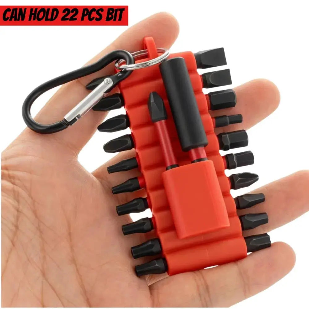 Simples Market red 22-hole screwdriver bit holder in soft rubber, 1/4-inch hex bits with keyring