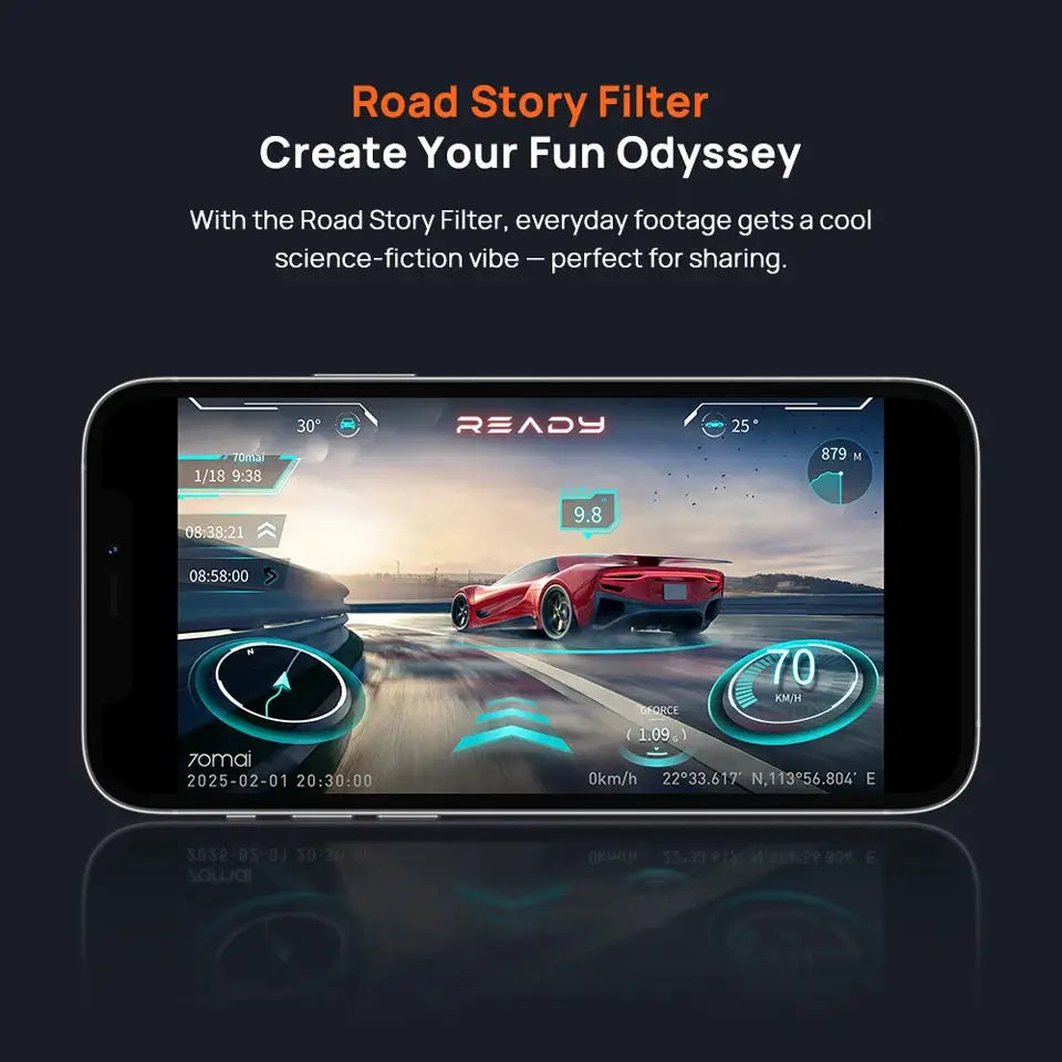70mai 4K Dash Cam A800SE on smartphone UI with racing HUD and GPS indicators