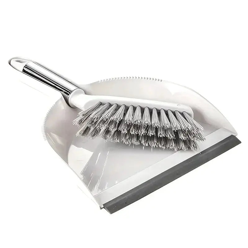 Desktop broom and dustpan set; white bristle broom with metal handle and compact plastic dustpan