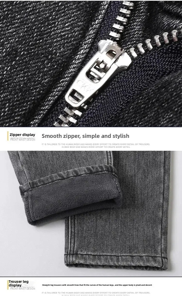 Simples Market men's black denim jeans with smooth zipper, fleece-lined warm straight-leg trousers plus size.