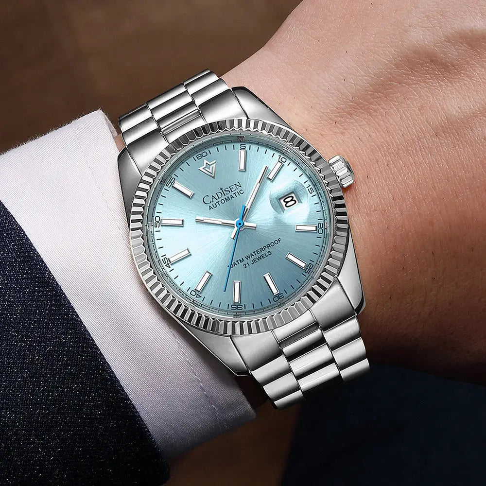 CADISEN automatic men's watch with blue dial, stainless steel bracelet, date window, 100M water resistant