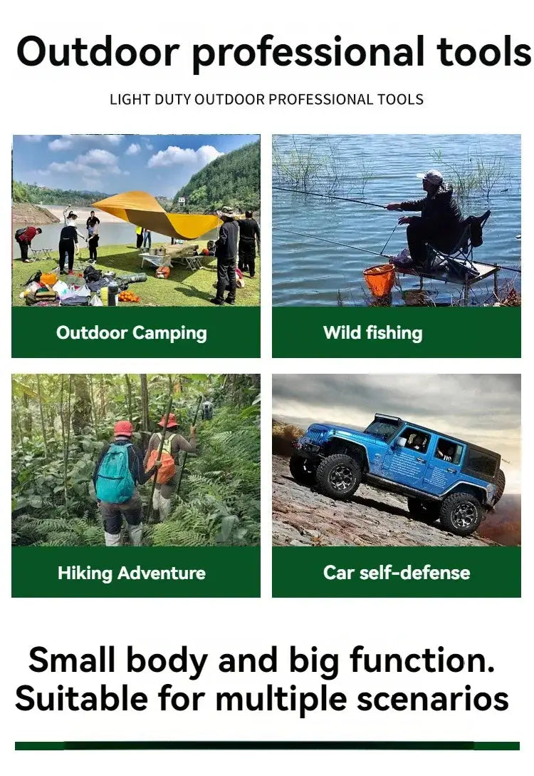 Simples Market portable stainless steel sappers shovel for outdoor use shown in camping, fishing, hiking, and car scenes