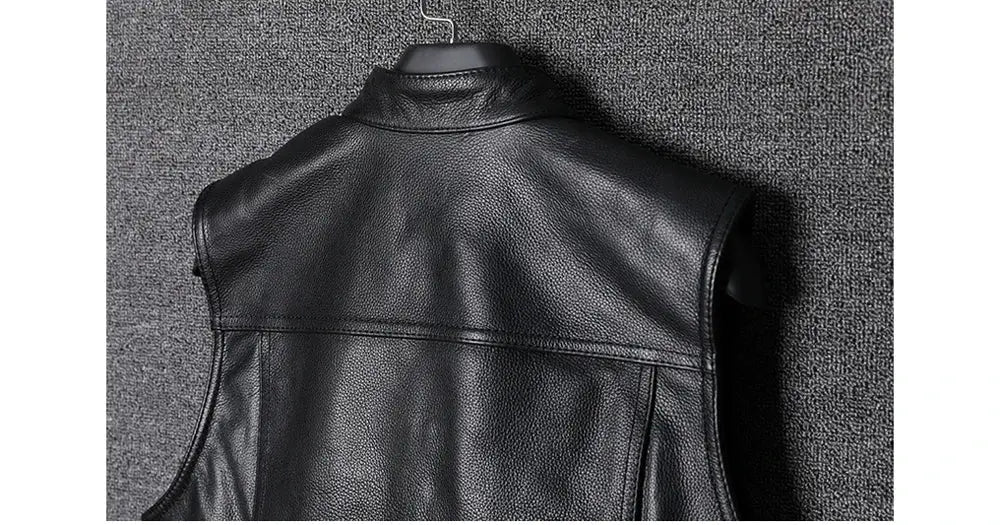 Men's black faux leather waistcoat with stand collar, Simples Market biker vest back view.