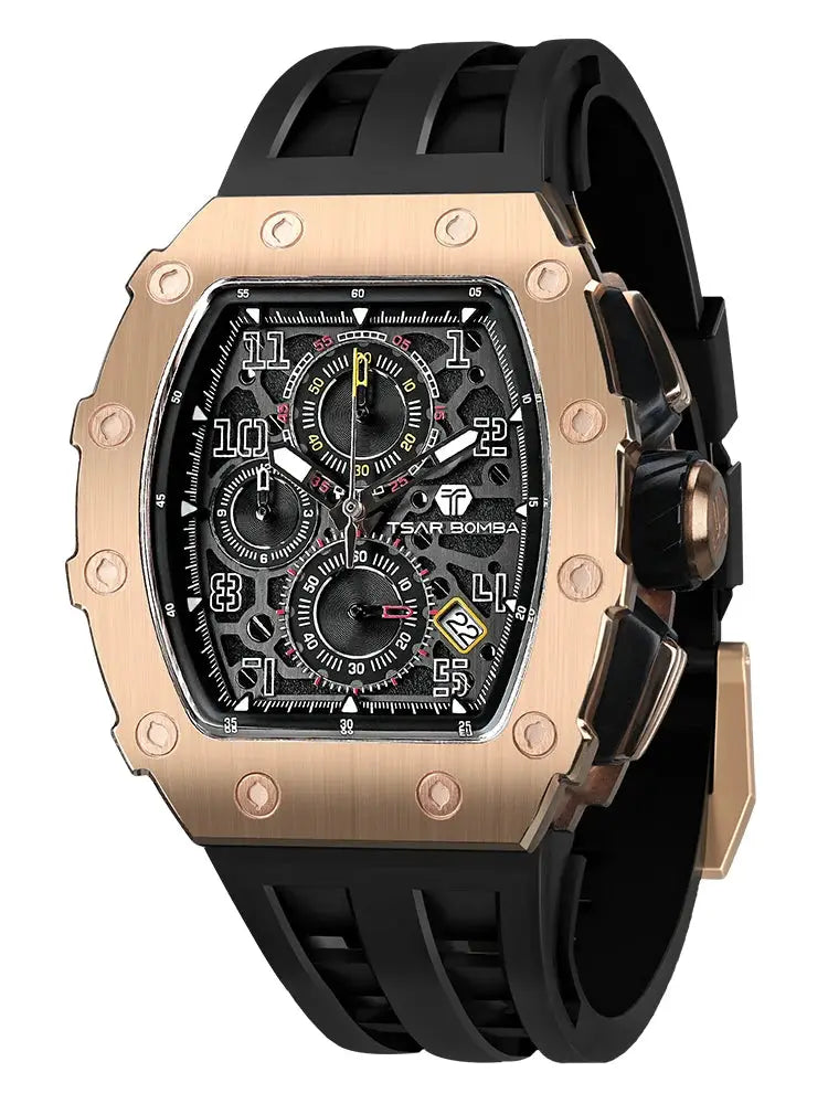 TSAR BOMBA men's luxury watch with rose-gold tone tonneau case, black chronograph dial, rubber strap