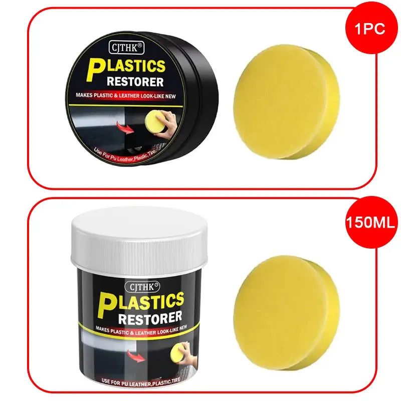 Car plastics restorer set by Simples Market; 2 items: black round tin and 150ml jar with yellow sponge.