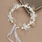 Spring Bohemian Pearl Hair Crown for Girls with white flowers, pearls, gold accents, and ribbons