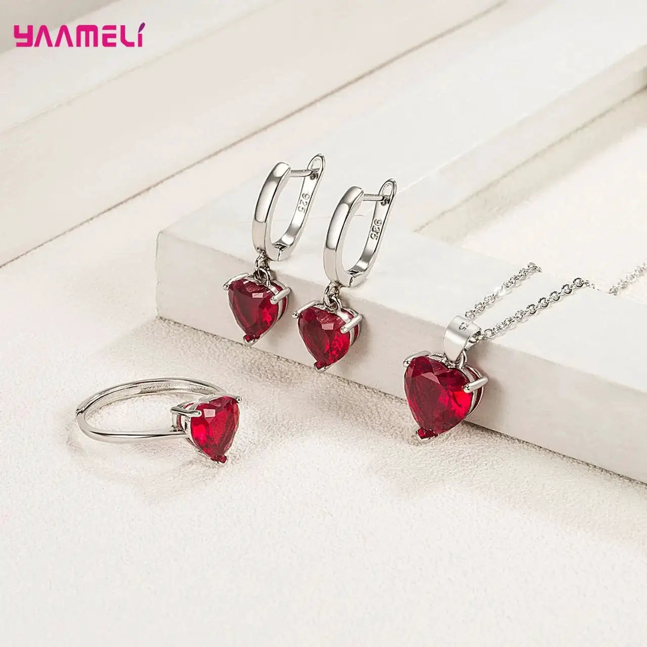 Fine 925 Sterling Silver Jewelry Gift Set For Women Heart Zircon Huggie Earrings Pendant Necklace Ring
