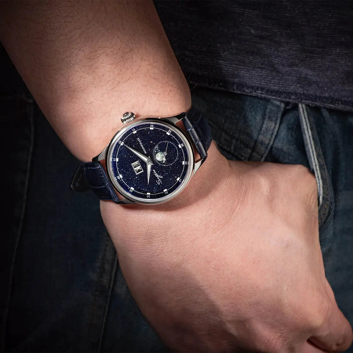 Sugess Moonphase watch for men, 40mm automatic with stainless steel case and blue sandstone dial with blue strap