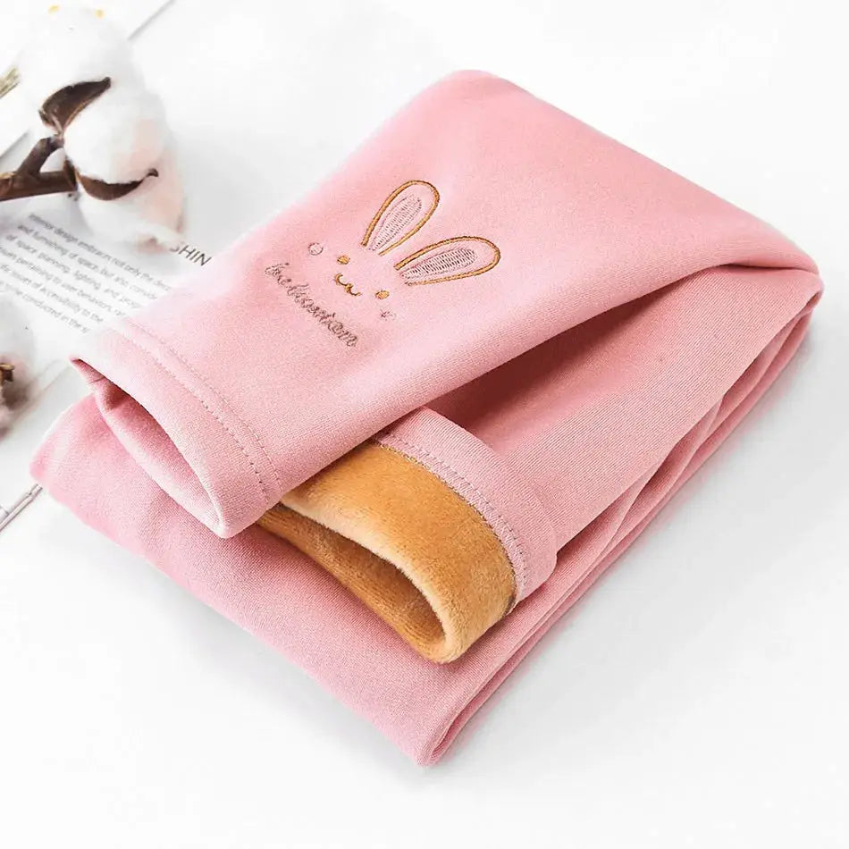 Girls 3 To 8 Years Fleece Lined Bunny Embroidered Leggings For Autumn Winter Thermal Tights