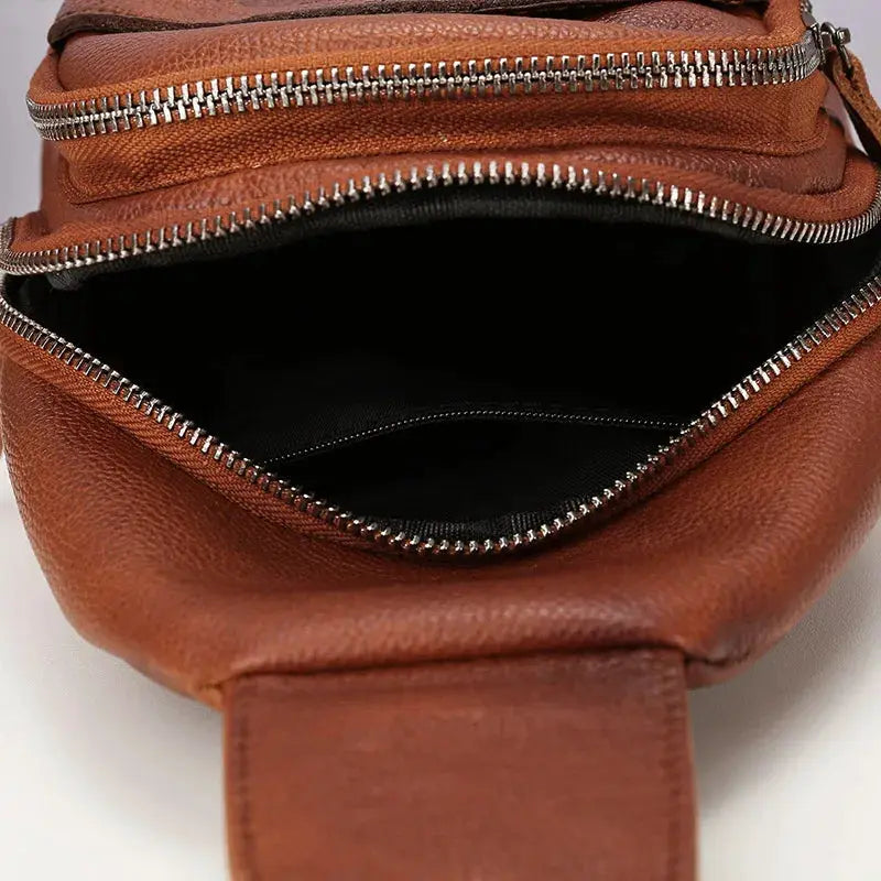 Men's leather chest bag by Simples Market, brown genuine top-grain leather, large-capacity crossbody
