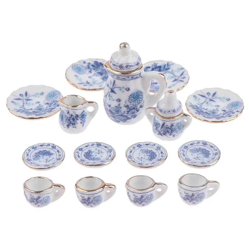 Fifteen Piece Dollhouse Miniature Tableware Set Porcelain Ceramic Teapot Tea Cups Milk Bottle Sugar Bowl Plates