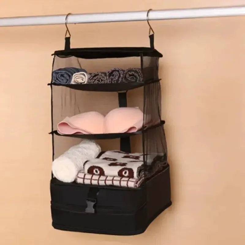 Simples Market 3-in-1 travel clothes storage hanging bag, black hanging garment organizer with mesh panels and multiple shelves.