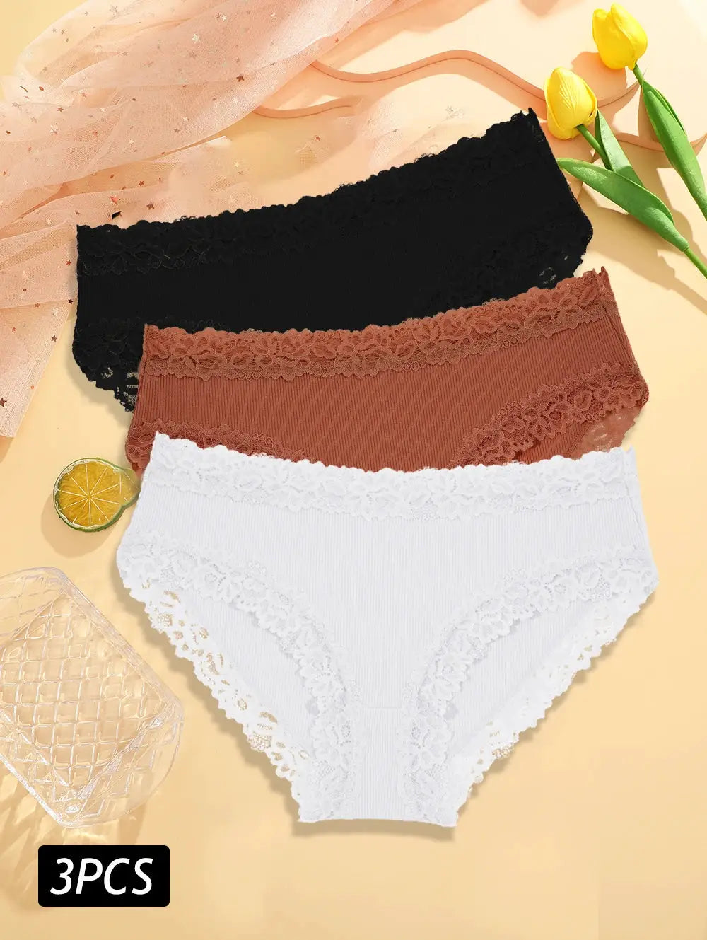 3-piece lace cotton panties set for women by Simples Market in black, brown, and white with floral lace trim.