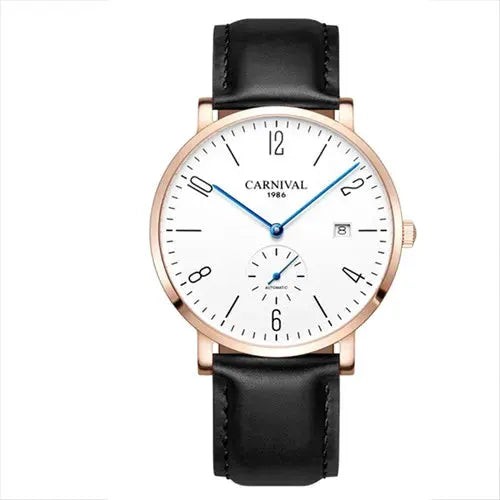 Carnival men's wristwatch with gold-tone case, white dial, blue hands, date window, black leather strap