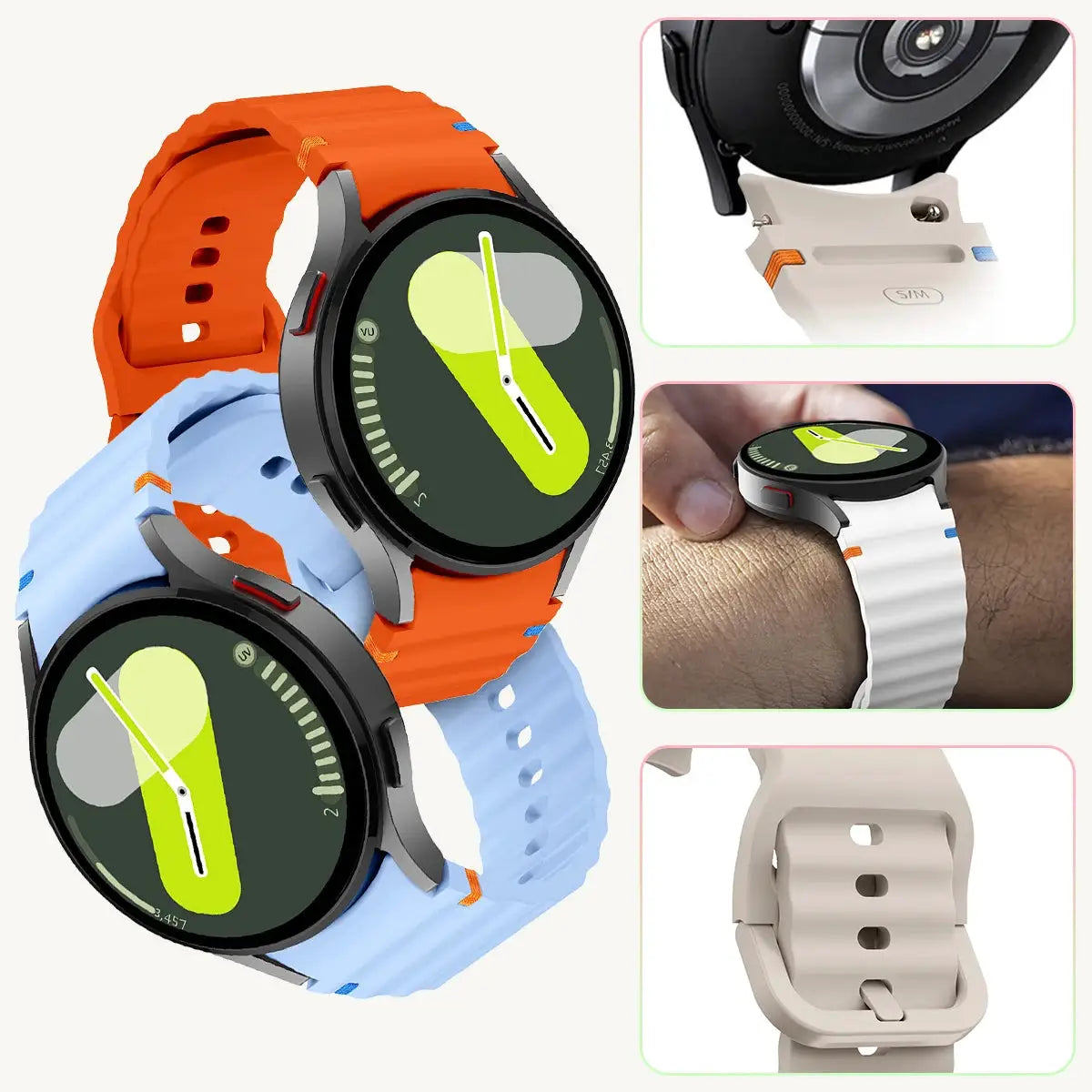 Original silicone bands for Samsung Galaxy Watch 7 FE/6/4/Classic/5 Pro 44–47mm; Simples Market; four color options