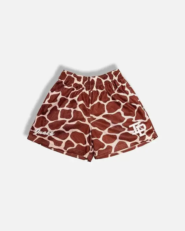 Mens giraffe-print quick-dry athletic shorts, brown mesh fabric for gym or swim
