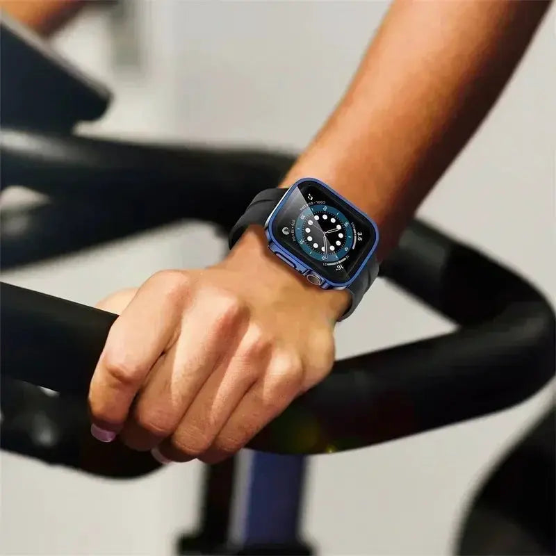 Apple Watch blue bumper case with tempered glass screen protector for 40–46mm watches