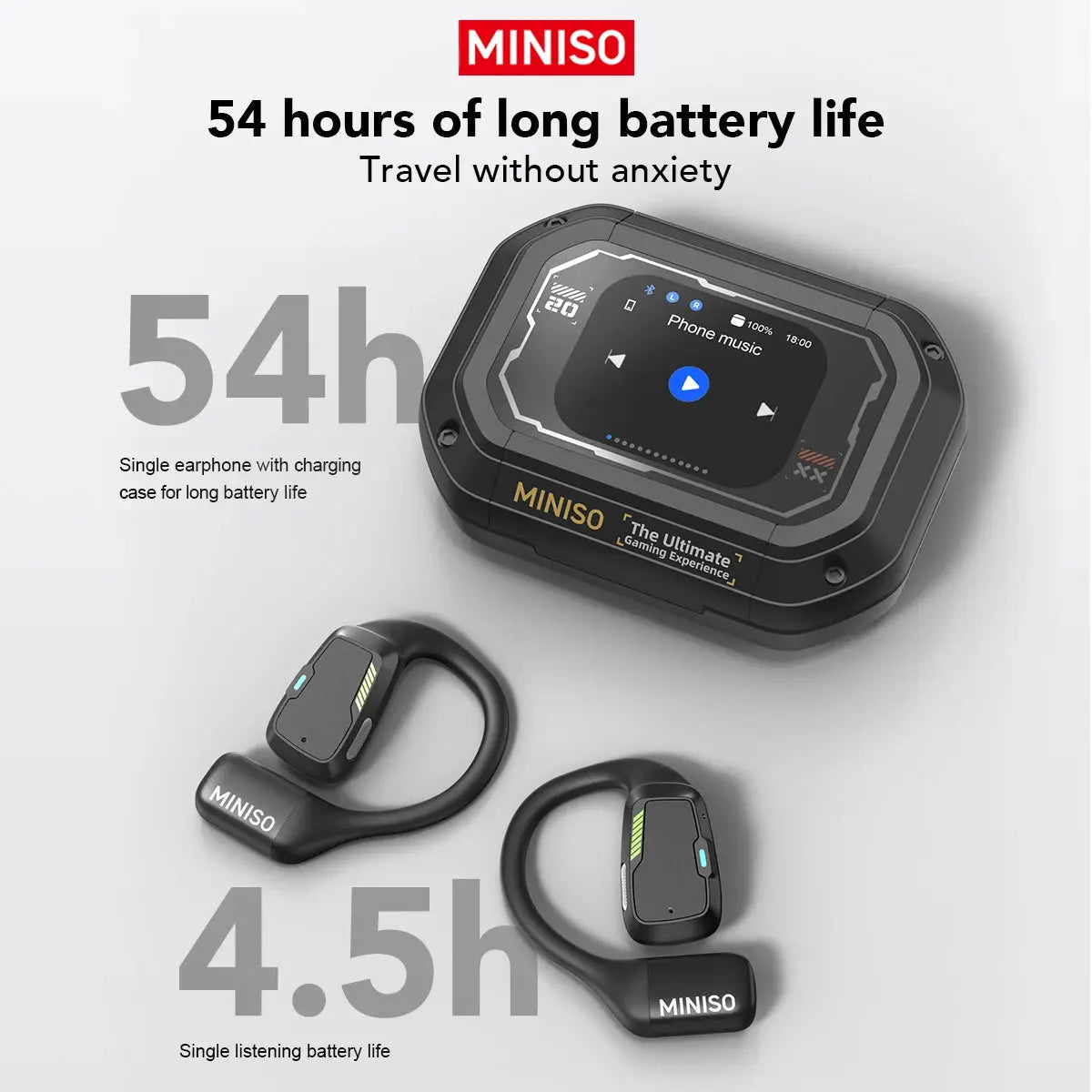 MINISO M98 wireless earphones; black neckband Bluetooth earbuds with LCD touchscreen charging case