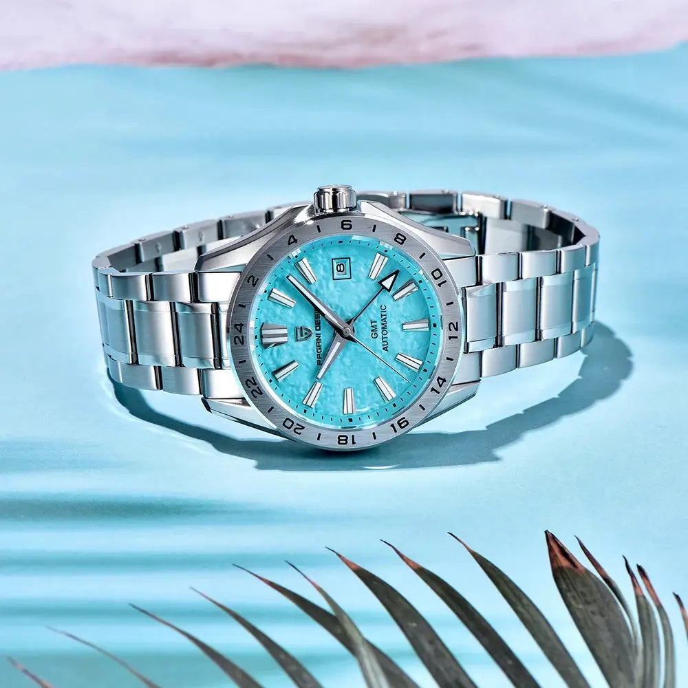 Pagani Design GMT men's stainless steel automatic watch with turquoise dial