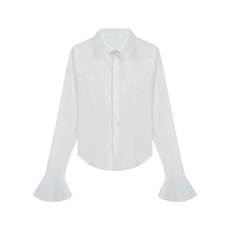Simples Market white women's blouse with long flared cuffs and front button placket