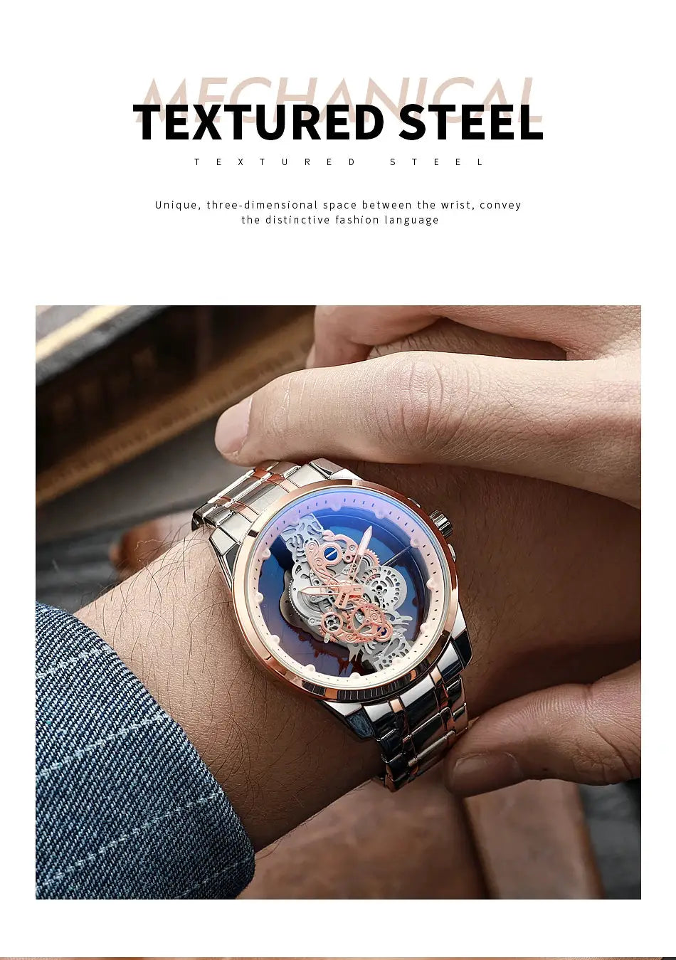 Men's skeleton automatic wristwatch with rose-gold bezel and silver two-tone bracelet, blue gear-filled dial.