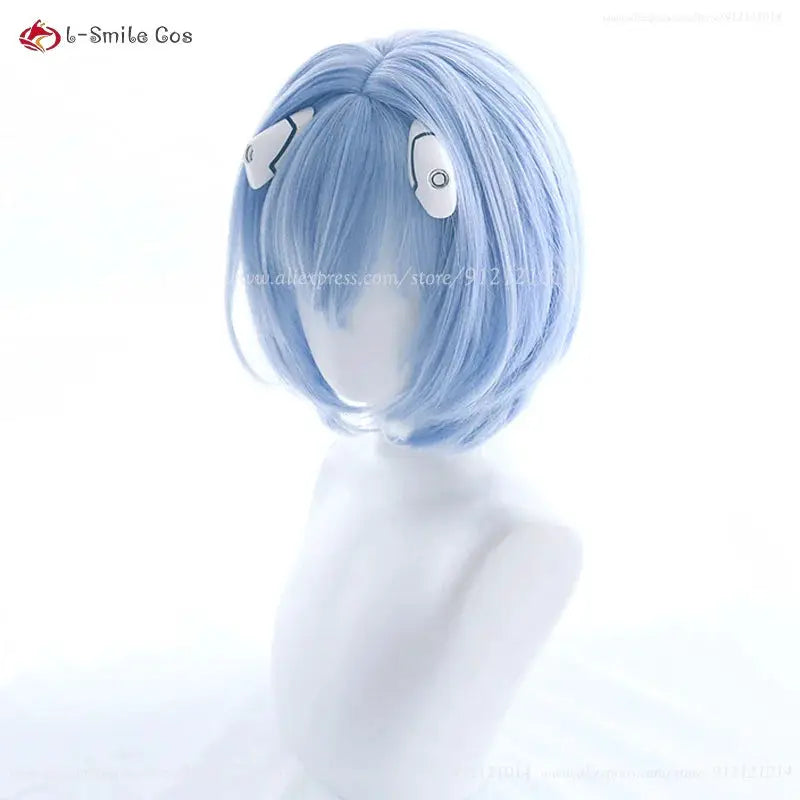Anime Rei Ayanami cosplay wig, short blue heat-resistant synthetic hair with white clips, wig cap included