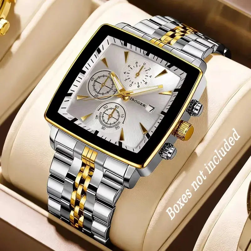 Men's two-tone stainless steel square-dial quartz wristwatch with calendar and chronograph