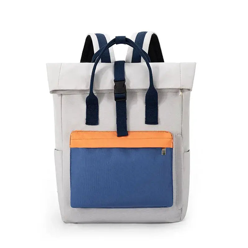 Backpack by Simples Market, gray large-capacity with blue front pocket and orange accent