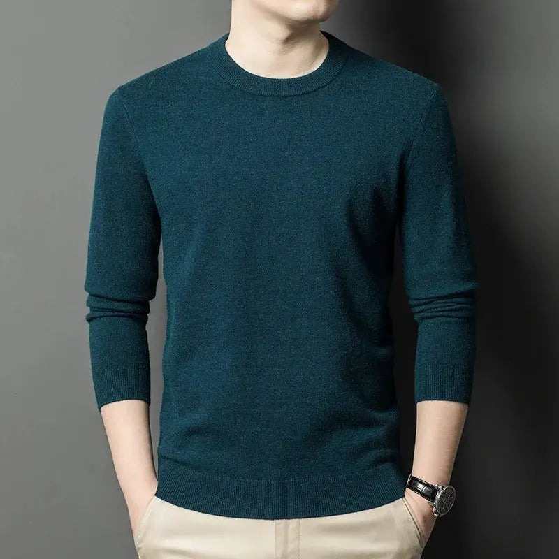 Simples Market men's teal round-neck knitted sweater with long sleeves.