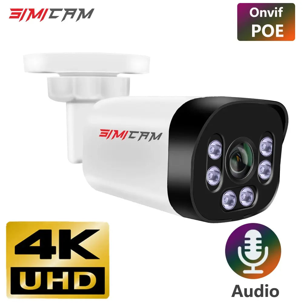 SIMICAM 4K POE surveillance camera with audio, white bullet cam with IR LEDs