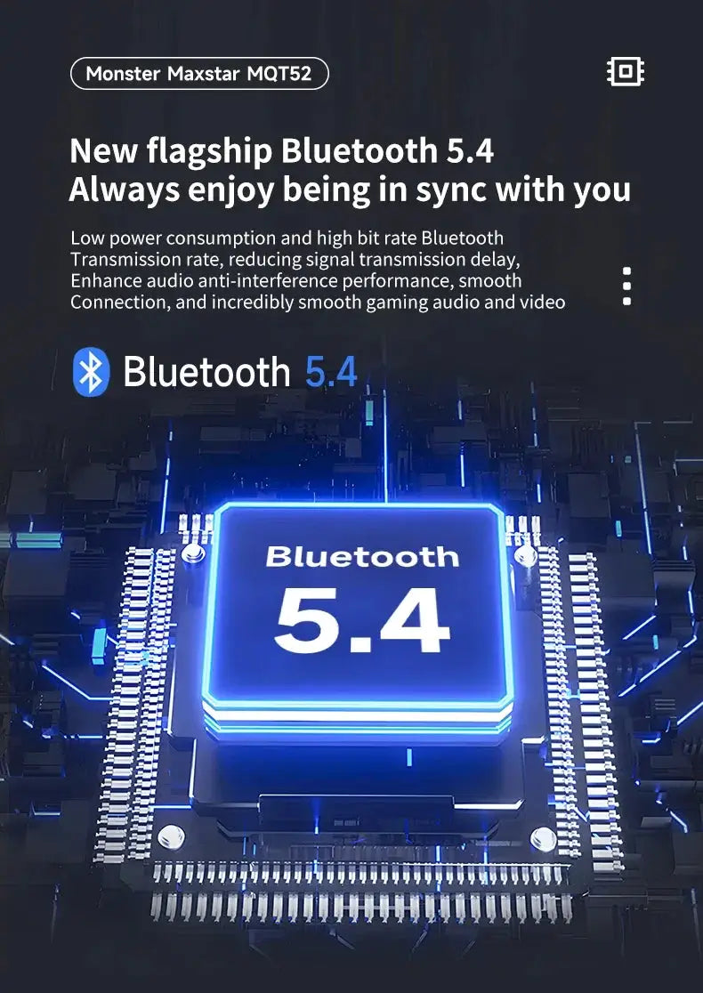 Monster MQT52 TWS wireless gaming headset with Bluetooth 5.4 and noise-canceling earphones