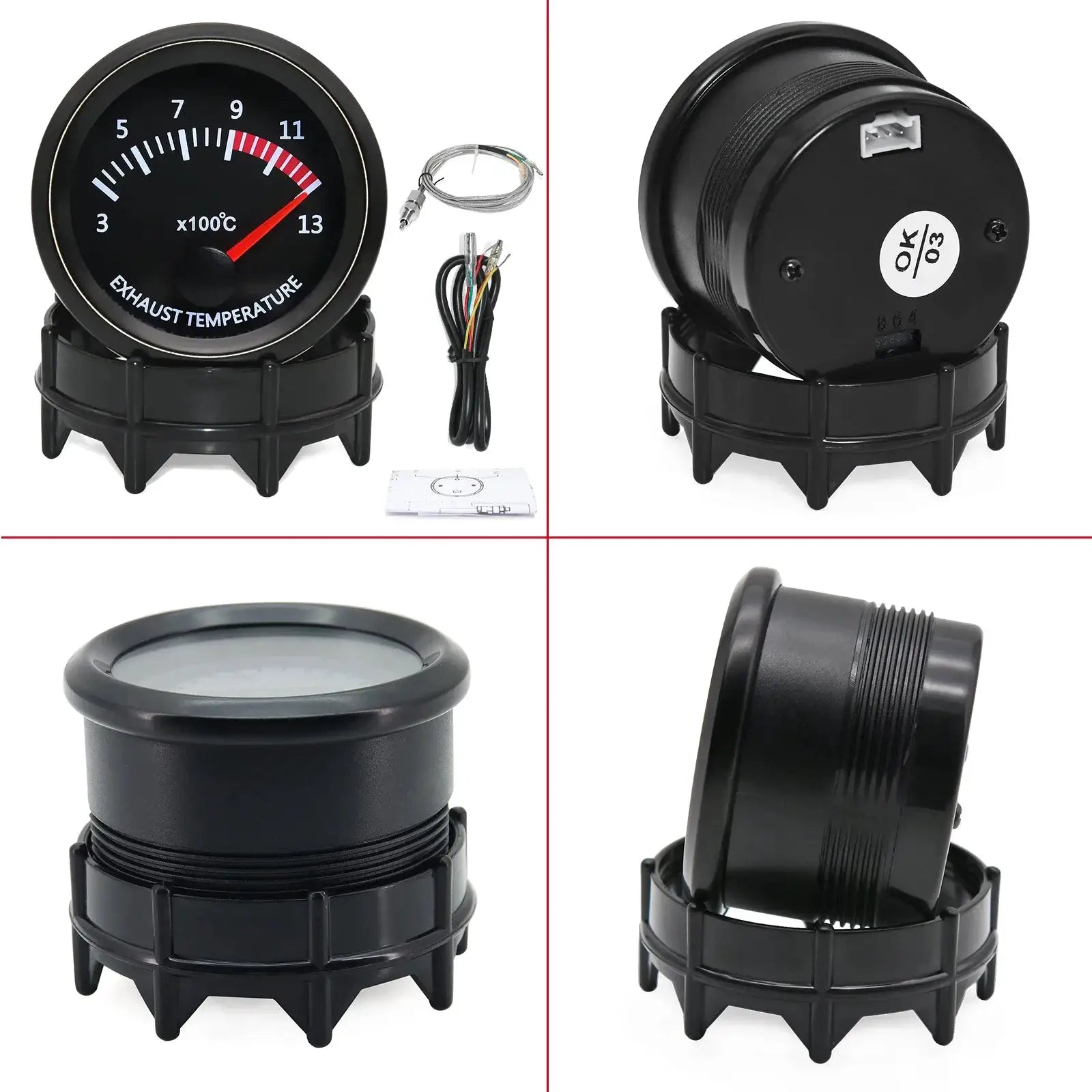 Black 52mm exhaust gas temperature gauge with red needle, 300–1300°C, 12V with sensor and wiring harness