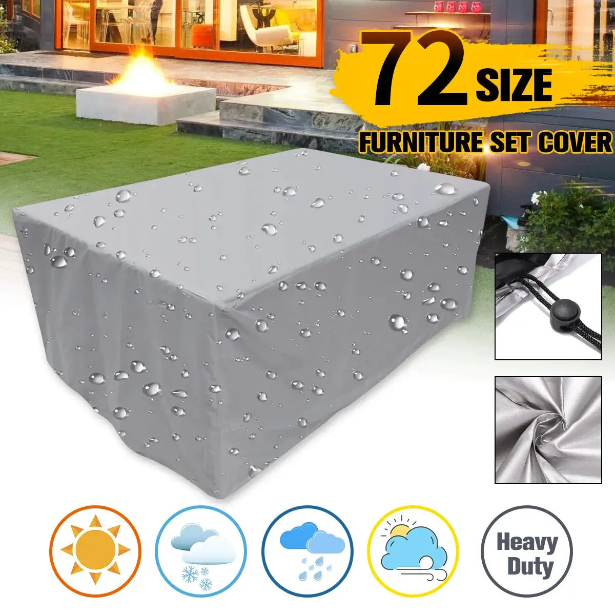 Simples Market waterproof grey rectangular patio furniture cover for outdoor sofa, table and chairs with drawcord.