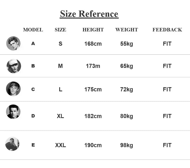 Simples Market size reference chart for men's outerwear showing models A–E with height and weight.
