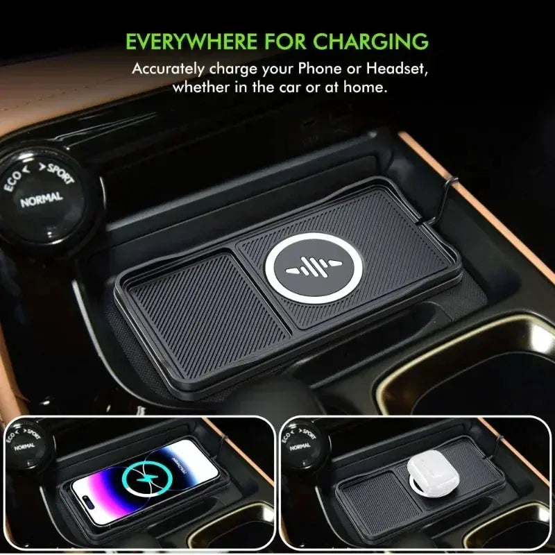 Car wireless charger pad by Simples Market; black fast-charging USB base for iPhone and AirPods Pro 2.