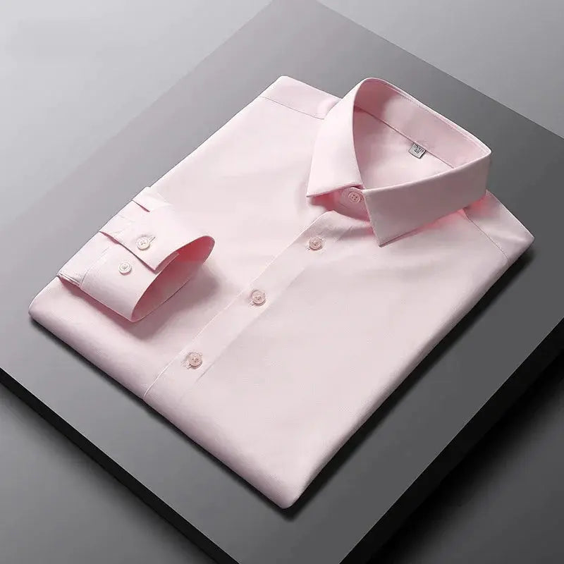 Men's pink long-sleeve non-iron wrinkle-resistant business shirt by Simples Market, folded