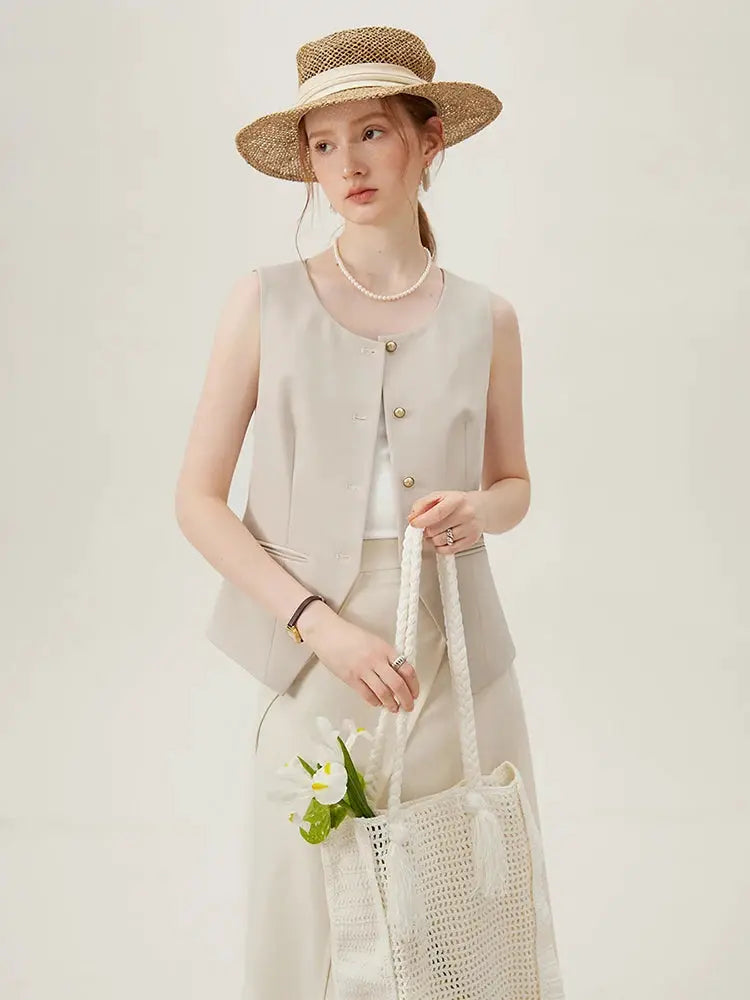 FSLE women blazer vest set with a matching beige skirt for a formal office look