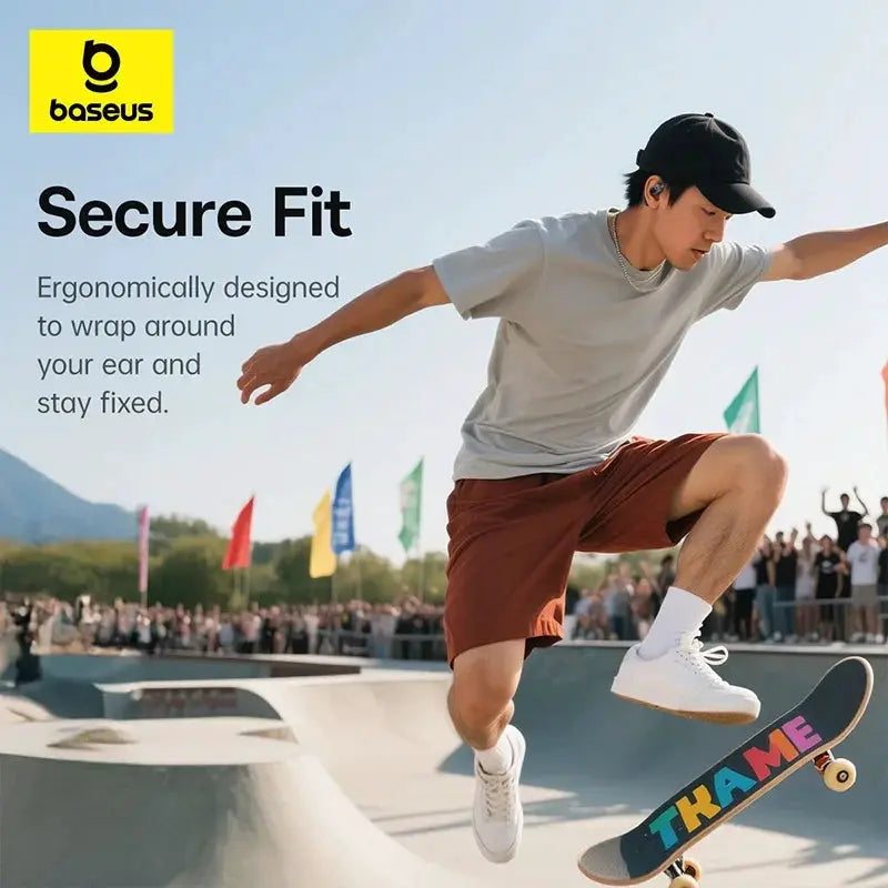 Baseus Eli 2i Fit open-ear wireless earphones with a secure ergonomic fit; Baseus logo visible
