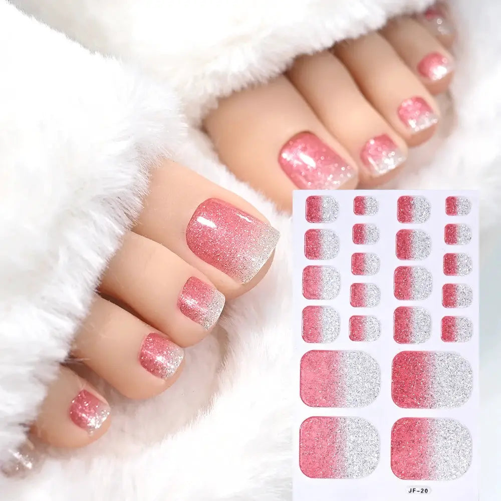 Toenail sticker wraps in pink to silver glitter gradient; full-coverage, self-adhesive toe decals