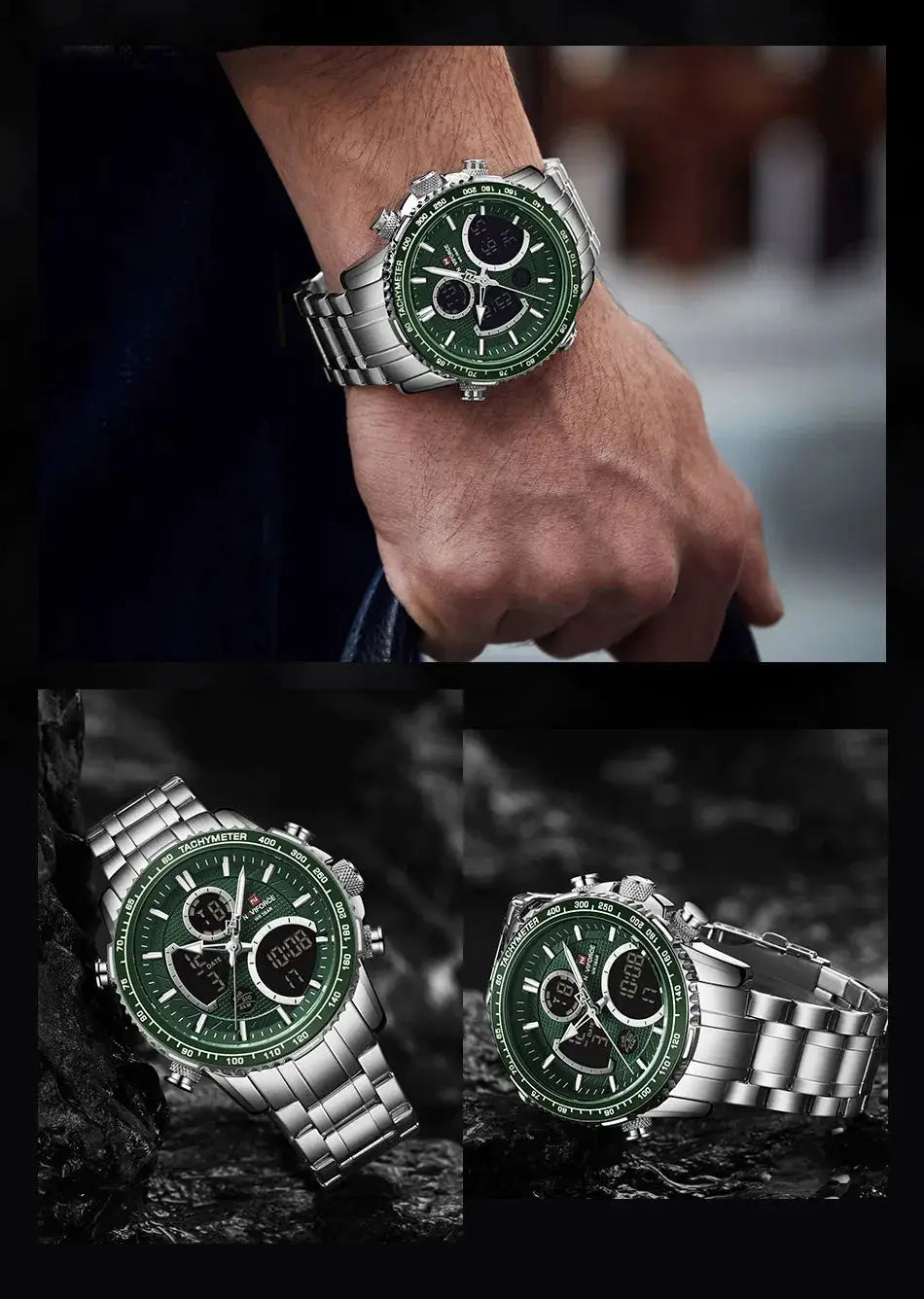 NAVIFORCE men's chronograph wristwatch with green dial and stainless steel band