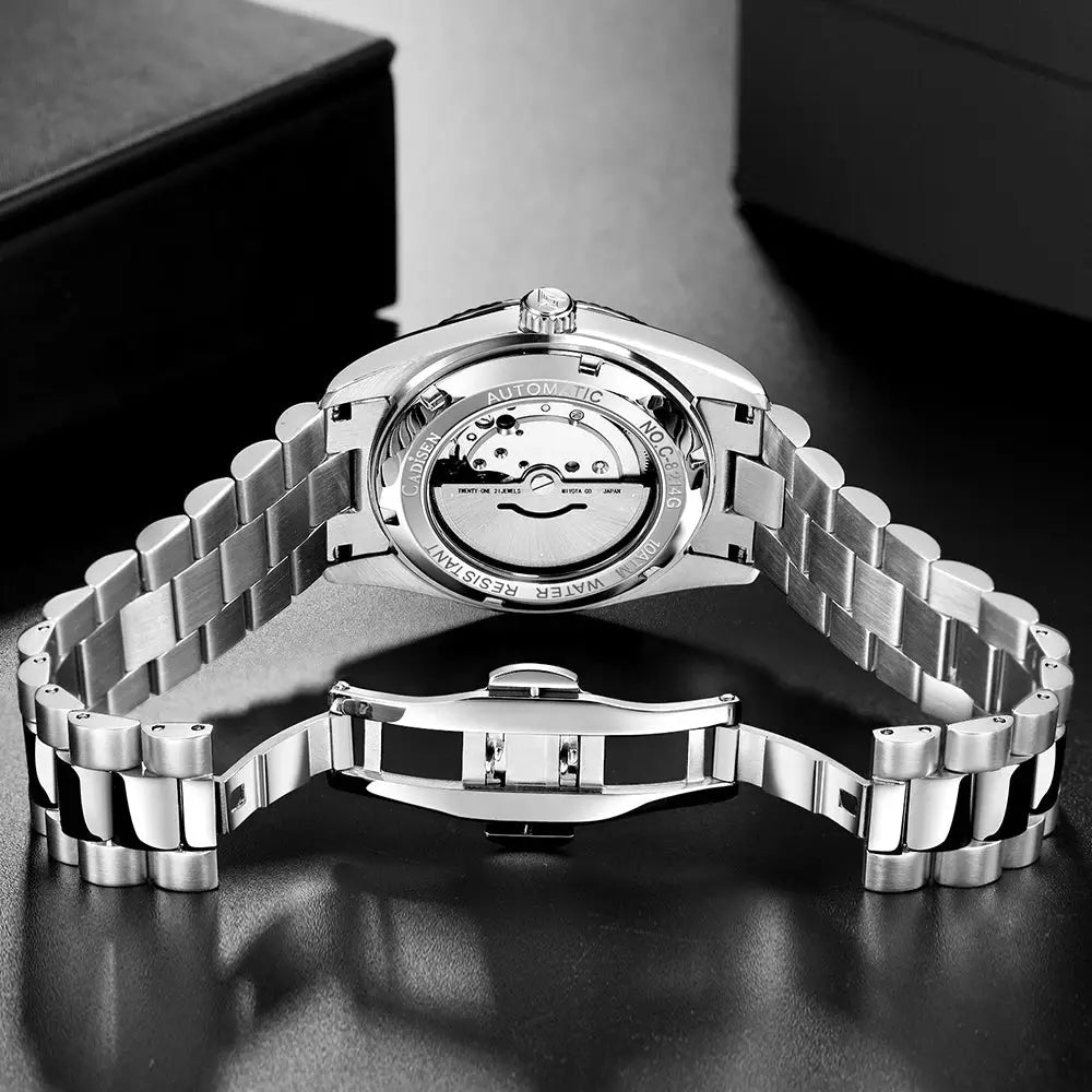 CADISEN men's stainless steel automatic wristwatch with exhibition back and silver bracelet