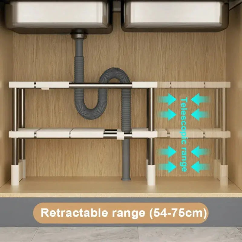 Retractable two-tier under-sink storage rack by Simples Market, extendable 54–75 cm.