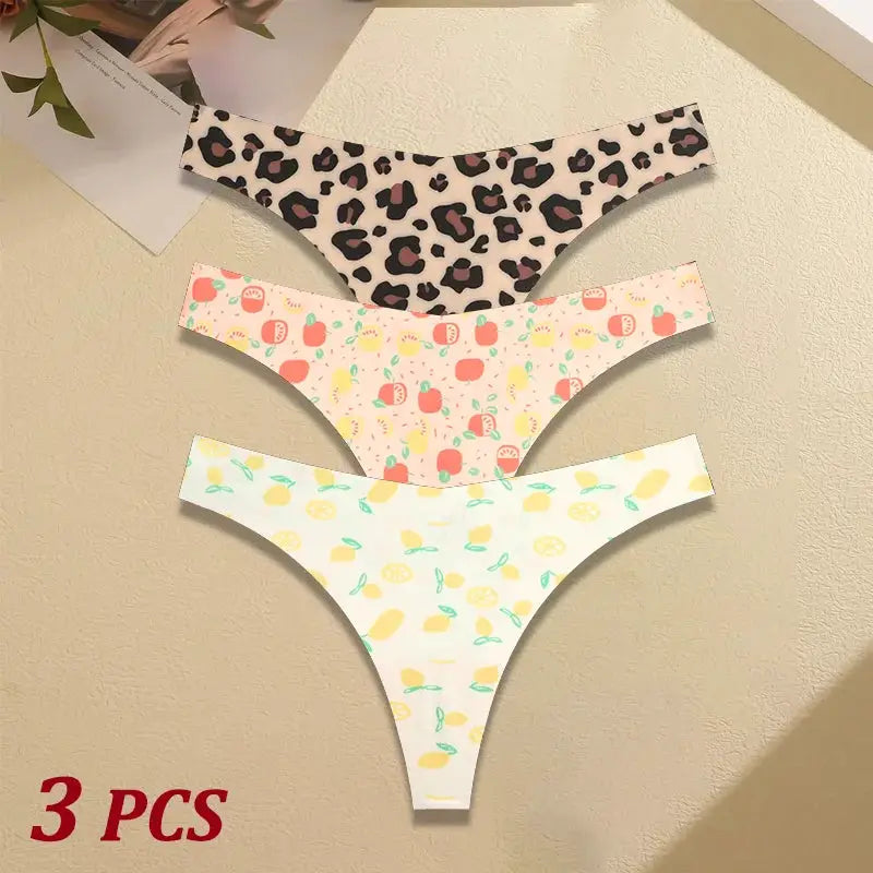 3-piece women's seamless thong underwear set featuring leopard, peach, and lemon prints by Simples Market